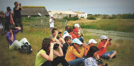 Groupe de jeunes observant les oiseaux à la jumelle